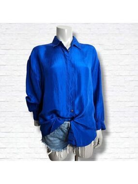 Vintage Express Irridescent Blue 100% Silk Button Down Shirt Size XS